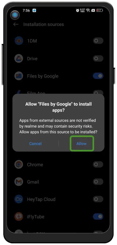 Permitir apps de fuentes desconocidas